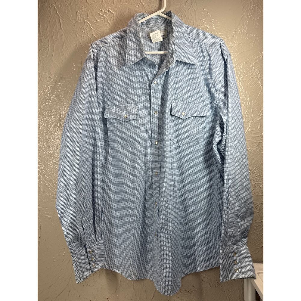 Wrangler Wrancher Mens Pearl Snap Blue Long‎ Sleeve Shirt Rodeo Size XL